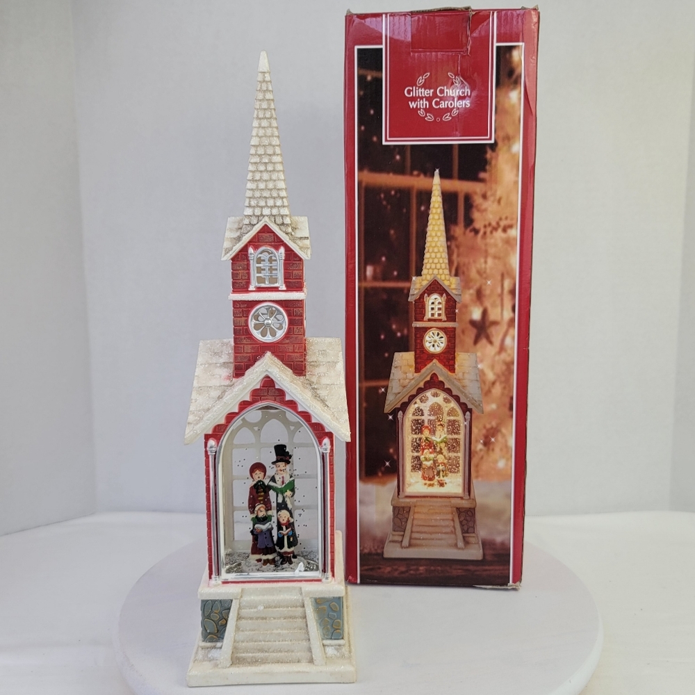 Holiday Decor Swirl Glitter Church With Christmas Carolers Water Globe 15 Inch